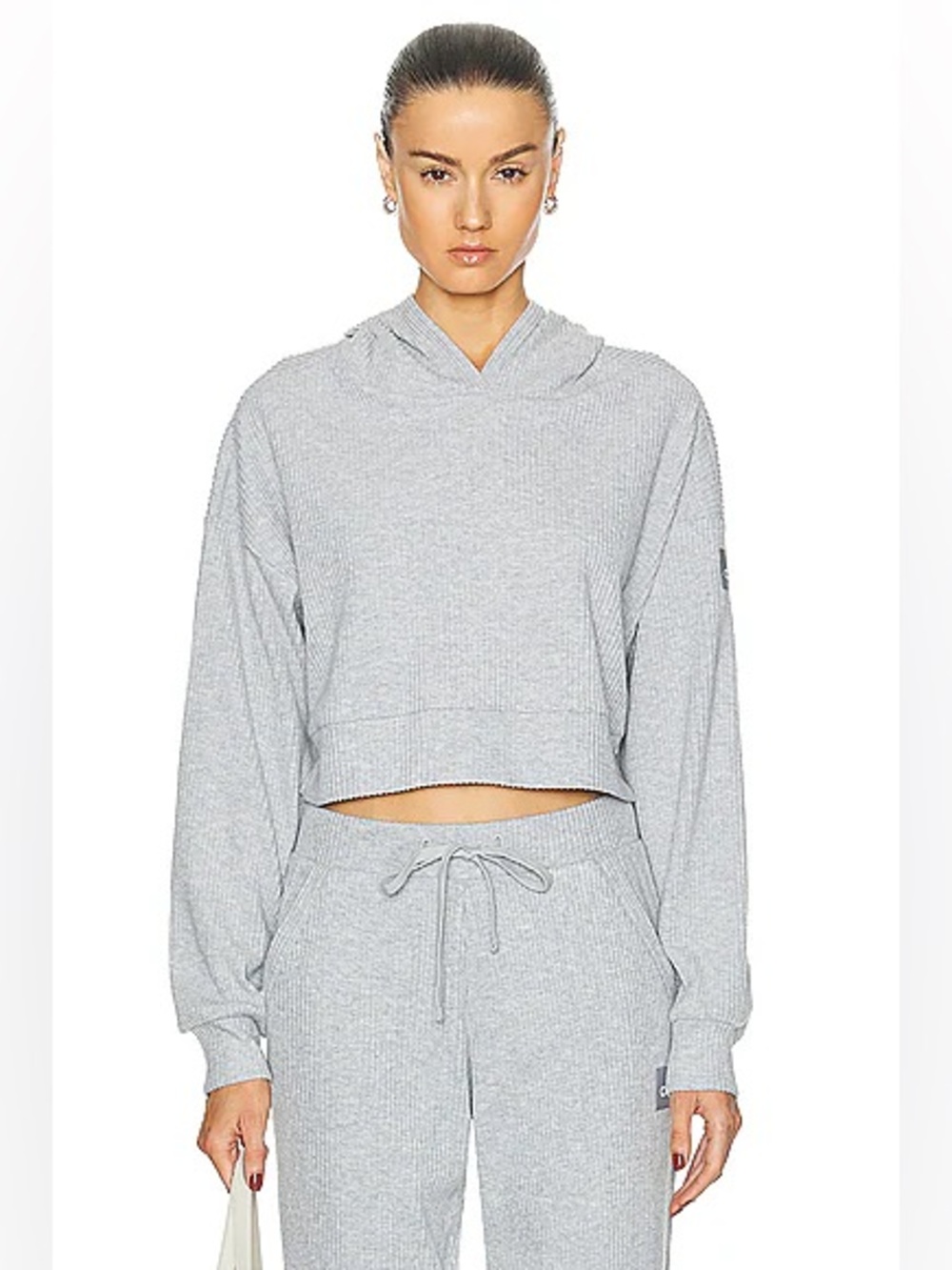Alo Yoga Athletic Heather Grey Muse Ribbed Cropped Hoodie - Size Medium
